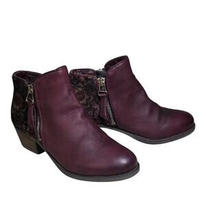 Miz Mooz Bangkok Leather Burgundy Velvet Floral Ankle Boots Womens Size 36 US 6
